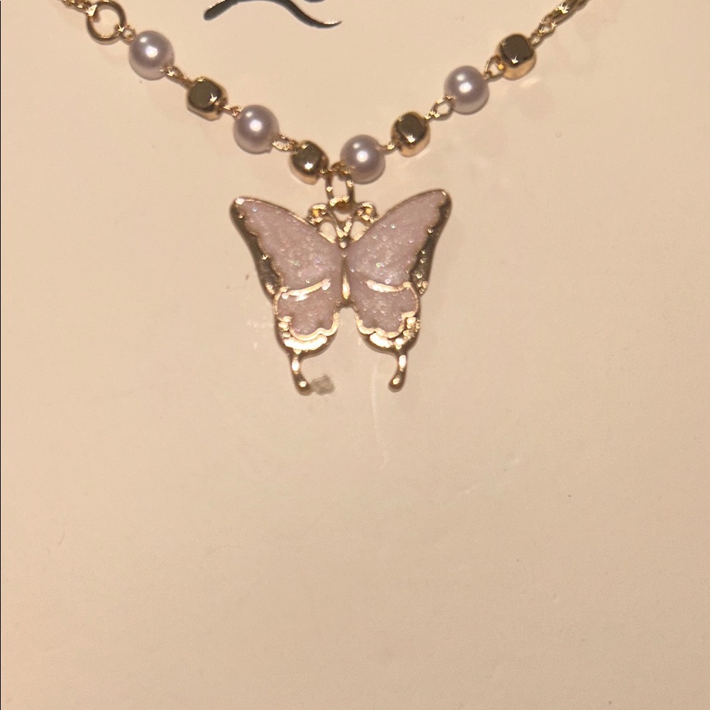 Gold & Pink Butterfly Pendant Necklace